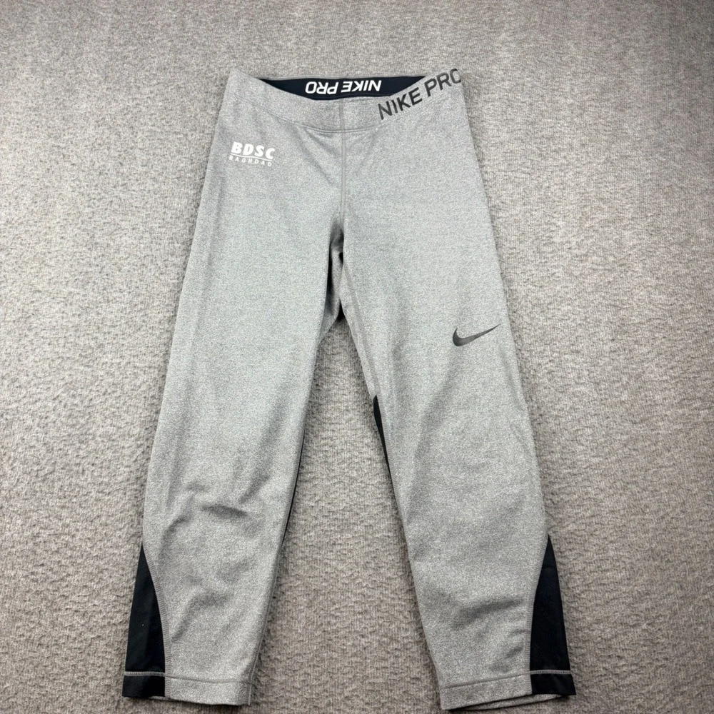 Nike Pro Dri-FIT Women's S Small Gray Black BDSC Baghdad Crop‎ Leggings